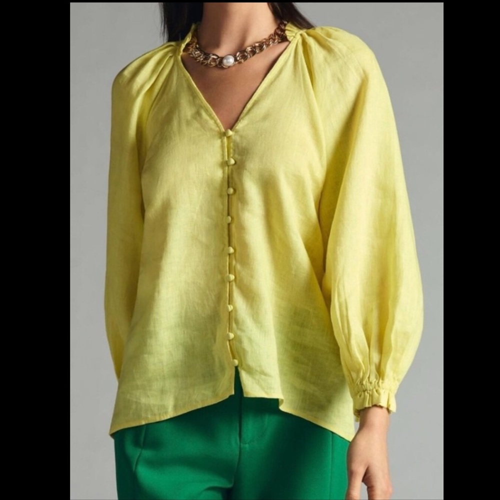 Maeve by Anthropologie The Audie Linen Puff-Sleeve Ruffle Blouse - Size Small